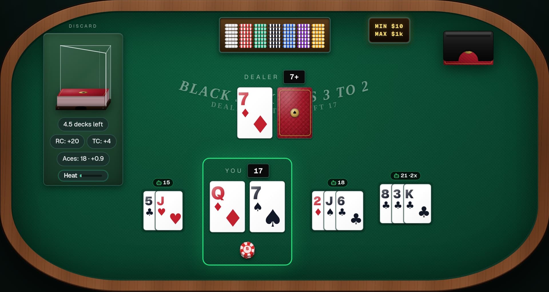 Full blackjack table with three AI players sharing the shoe, live running and true count, and a heat meter reading on the discard tray.
